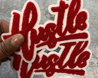 Chenille Hustle script patch, red